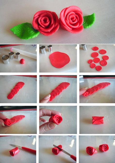 Rosa Kue Fondant, Couronne Diy, Fondant Flower Tutorial, Felt Flower Tutorial, Christmas Wreath Craft, Kutek Disney, Fondant Rose, Rose Tutorial, Diy Armband