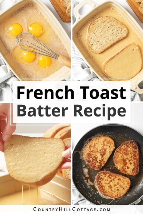 See how to make French toast batter! The classic recipe uses easy pantry staple ingredients. It works with any bread, like soft French loaf, Italian bread, Texas toast, artisan bread, brioche, challah, and regular bread. This French toast custard creates the perfect soft, sweet center with a crisp, caramelized outside. Whether you want to make this easy French toast batter recipe for a Sunday brunch or a busy morning before school, it’s ready in less than 30 minutes. | CountryHillCottage.com French Toast Batter, Perfect French Toast, French Bread French Toast, Easy French Toast Recipe, French Toast Ingredients, Best French Toast, Make French Toast, Batter Recipe, Texas Toast