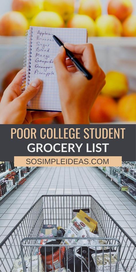 Cheap Food For College Students, Cheap Food Shopping List, Breakfast College Student, College Shopping Lists Grocery, Meal Ideas For College Students Budget, Cheap College Grocery List, Poor College Student Food, Dorm Room Food Ideas Grocery Lists, Simple Meals For College Students