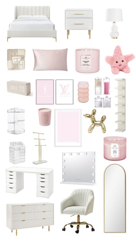 It Girl Room Ideas, Cute Pink And White Room Ideas, White Pink And Gold Bedroom, Bedroom Gold Decor, Pink White Gold Bedroom, Chanel Room Ideas, Room Inspo Pink And White, Pink Room Theme, Light Pink Aesthetic Room