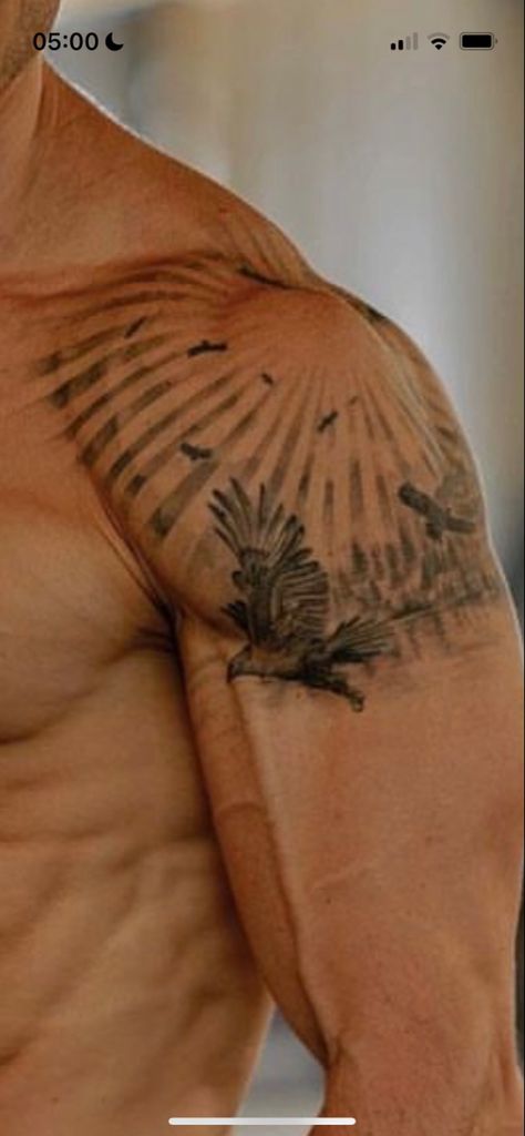 Man Small Chest Tattoo, Shoulder Onto Chest Tattoo, Back To Shoulder Tattoo Men, Back Shoulder Tattoo Men Ideas, Tatoos Men Shoulder Ideas, Delt Tattoo For Men, Background Ideas For Tattoos Sleeve, Biblical Shoulder Tattoos, Guy Shoulder Tattoos