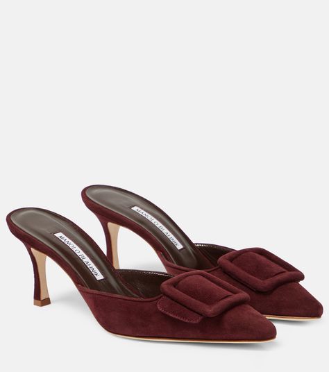 Maysale 70 Suede Mules in Red - Manolo Blahnik | Mytheresa Manolo Blahnik Maysale Outfit, Collage Items, Manolo Blahnik Mules, Manolo Blahnik Maysale, Mules Outfit, Pop Shoes, Minimal Shoes, Mid Heel Boots, Manolo Blahnik Heels