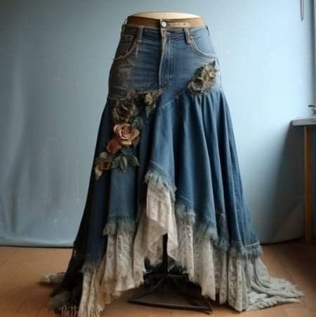 Diy Clothes Design Dresses, Denim And Lace Skirt, Upsicle Clothes Ideas, Clothing Upcycle Ideas, Diy Clothing Design Ideas, Denim Upcycle Clothing, Repurposed Clothing Diy, Thrift Upcycle Clothes, Refashion Clothes Upcycling