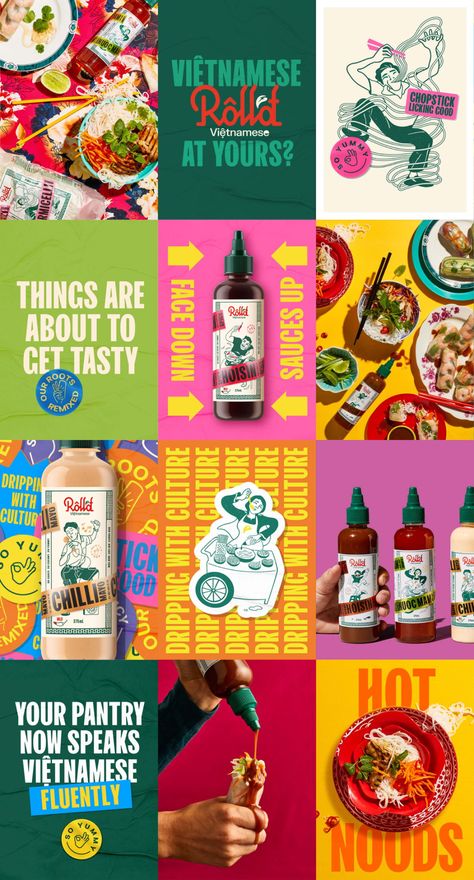 Roll'd Moves Into The Retail Space With Saucy Sauces | Dieline - Design, Branding & Packaging Inspiration Korean Food Graphic Design, Korean Social Media Design, Burger Brochure, Restaurant Advertising Posters, Food Creatives Social Media, Korean Social Media, Pizza Typography, Pizza Graphic Design, Pasta Business