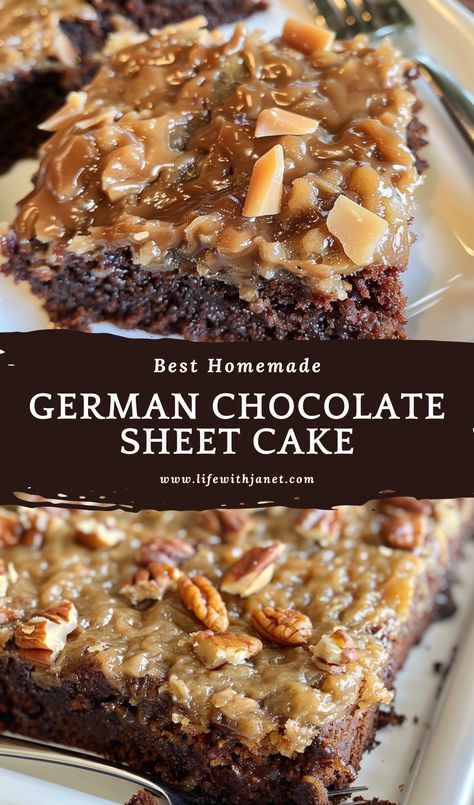 German Chocolate Sheet Cake German Chocolate Sheet Cake, Chocolate Sheet Cake Recipe, German Chocolate Brownies, German Chocolate Cake Recipe, Food Authentic, Strawberry Recipe, German Baking, Birthday Cake Decorating Ideas, Chocolate Sheet Cake