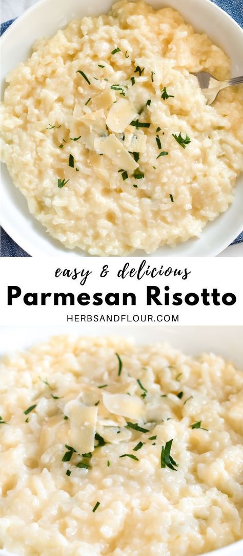 This easy, delicious and creamy Parmesan Risotto is easier to make than you think! Serve as a side dish or top with seared scallops or shrimp for a delicious gourmet meal in your own home! White Wine Risotto Recipes, Scallop And Rissoto, Creamy Parmesan Risotto, Fancy Dinner Side Dishes, Shrimp Risotto Recipes Easy, Parmesan Risotto Recipes, Thanksmas Ideas, What To Serve With Risotto, Creamy Risotto Recipes