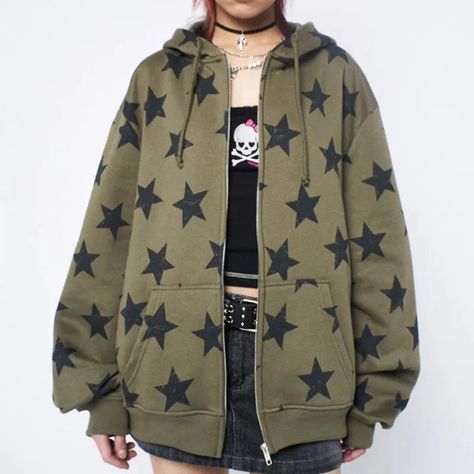 DetailsMaterial: PolyesterCollar: Hooded Chunky Sweater Stars, Half And Half Sweater With Stars, Star And Cloud Sweater, Caitibugzz Star Shirt, Ssense Star Jacket, Star Aesthetic Clothes, Oversized Hoodie Outfit Aesthetic, Grunge Outerwear, Hoodie With Stars