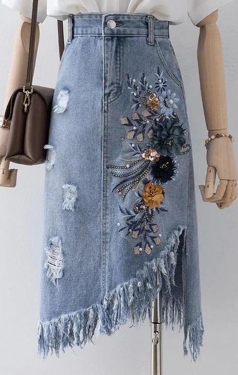 High Waist Denim Skirt, Flower Jeans, Irregular Skirt, High Waisted Denim Skirt, Denim Skirt Outfits, Nature Dress, Denim Ideas, Denim Skirt Women, High Waist Denim