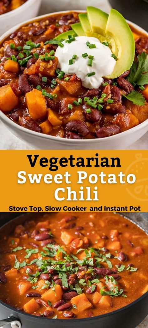 This hearty Vegetarian Chili with sweet potatoes and beans is a meatless, plant-based, protein-rich chili recipe that is easy to make on the stove top, Instant pot and slow cooker. Easily made vegan if choosing vegan toppings. #vegetarian #vegan #plantprotein #beans #easy #lemonblossoms #dinner Sweet Potato Chili Crockpot, Sweet Potato Chili Vegetarian, Sweet Potato Vegetarian, Vegetarian Chili Crock Pot, Sweet Potato Chili Recipe, Vegetarian Chili Easy, Slow Cooker Vegetarian Chili, Vegetarian Stew, Vegan Chili Recipe