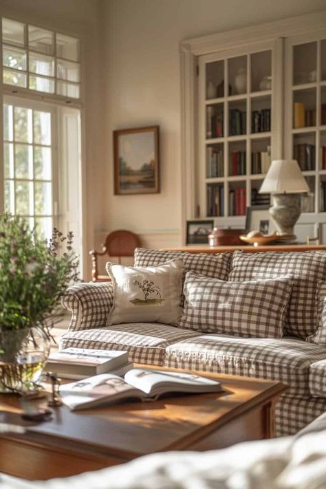 Jane Austen Aesthetic Home, New England House Decor, Minimal Grandmillenial, English Country Living Room Ideas, English Country Home Interiors, New Build Living Room, English Cottage Style Living Room, Inviting Home Decor, English Style Interior