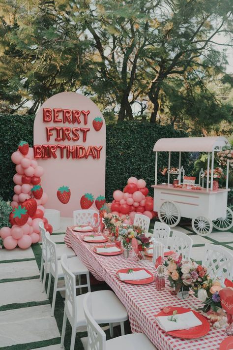 1 - Berry_themed_first_birthday_party Baby Girl First Birthday Party Theme, 1st Berry Birthday, Berry Sweet Birthday Party Decorations, 1 St Birthday Girl Year Old Ideas, Berries Birthday Theme, 1st Birthday Berry Theme, 1st Birthday Themes February, Kids First Birthday Party Ideas, 1st Birthday Girl Berry Theme