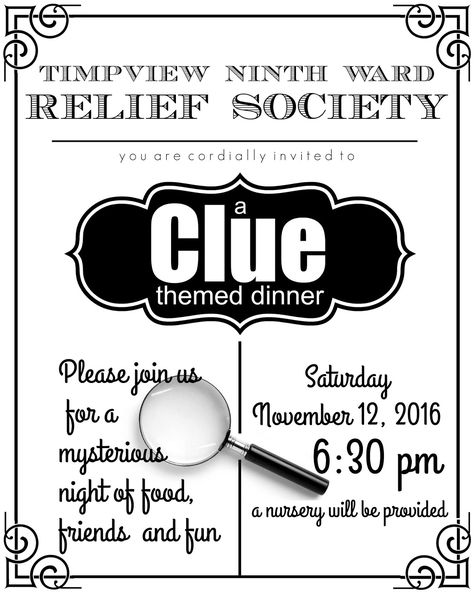 WE had such a fun Clue Themed RS dinner.    I started announcing it about a month before the activity. Not giving them much info just the d... Clue Party Invitations, Clue Night, Ward Activity Ideas, Relief Society Gifts, Lds Relief Society Activities, Relief Society Crafts, Relief Society Visiting Teaching, Craft Nights, Rs Activities