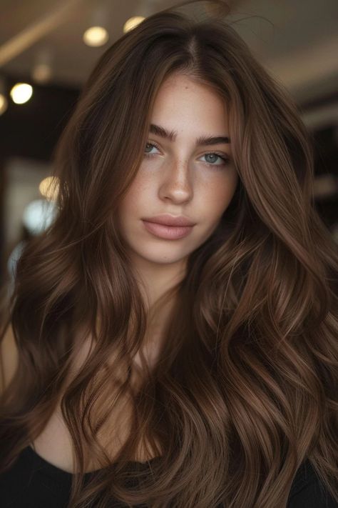 Woman with long, wavy brown hair and blue eyes looking directly at the camera. Blushed Chocolate Brown Hair, Chocolate Brown Hair Light Eyes, Shiny Chocolate Brown Hair, Hair Color Ideas For Fair Skin Brown Eyes, Dark Brown Hair For Cool Skin Tones, Brown Hair For Hazel Eyes Fair Skin, Level 6 Chocolate Brown Hair, Different Shades Of Dark Brown Hair, Brown Hair Pale Skin Hazel Eyes