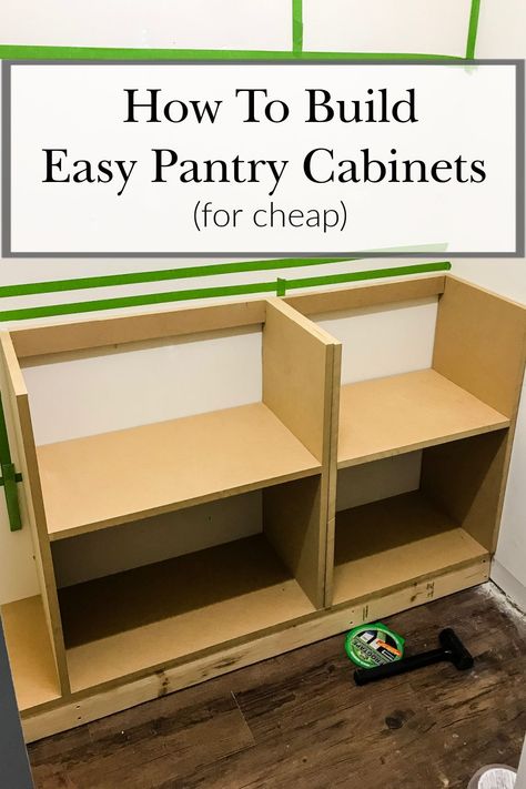 Lower Pantry Storage, Diy Walk In Corner Pantry, Diy Under Counter Shelves, Pantry Shelving Sizes, Diy Wood Shelves Pantry, Wood For Pantry Shelves, Base Cabinet Open Shelving, Diy Butlers Pantry Stock Cabinets, Diy Pantry With Countertop