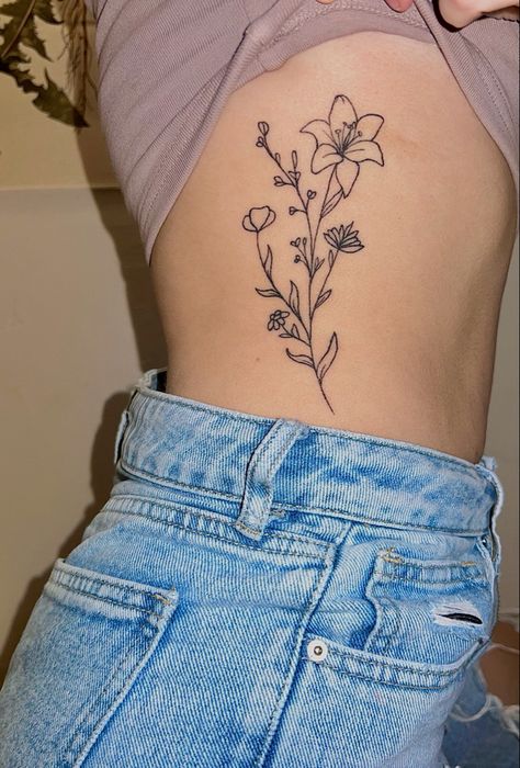 Forearm Tattoo Women Small Meaningful, Simple Tattoos No Shading, Female Simple Tattoos, Tattoo Ideas Hip Thigh Piece, Girly Flower Tattoos, Simple But Cute Tattoos, Flower Side Rib Tattoo, Side Of Body Tattoos For Women, Women Tattoo Ideas Meaningful