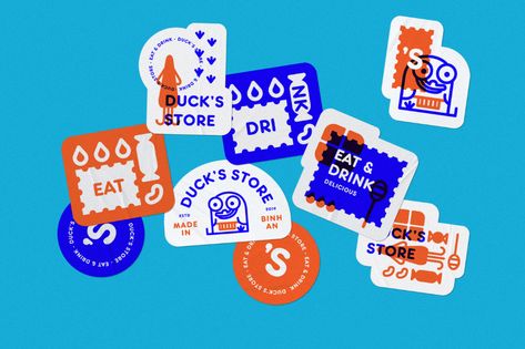 Duck Store's Branding on Behance Supergraphics Branding Visual Identity, Stickers Graphic Design, Merchandise Packaging, Sticker Design Ideas, Branding Stickers, Typography Stickers, Sticker Company, Event Stickers, Christian Graphics