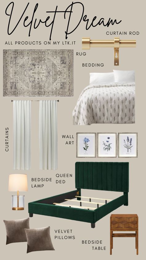 Pictured is a Moodboard. With a velvet green queen bed, white curtains, gold curtain rod, white bedding with small watercolor blue and green flowers, wall art for above the bed, a bedside table lamp, modern bedside table and a beautiful rug. Green Velvet Bed, Bedroom Inspirations Green, Emerald Green Bedrooms, Bedroom Moodboard, Velvet Bedroom, Green Headboard, Green Bed, Bedroom Ideas For Small Rooms Cozy, Small Guest Bedroom