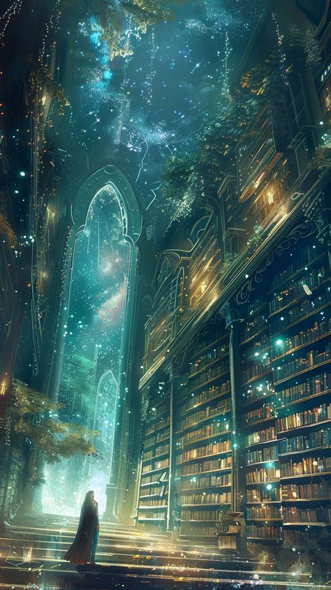 Follow me for more bookish art #library #libraryaesthetic #fantasylibrary #libraryart Endless Library Fantasy Art, Great Library Fantasy Art, Starry Library, Fantasy Art Library, Magic Library Art, Library At Night, Fantasy Library Concept Art, Fantasy Library Art, Library Fantasy Art