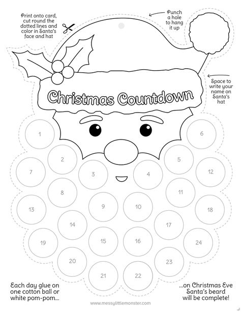 Santa's Beard Christmas Countdown Printable Christmas Countdown Santa Beard, Santa Advent Calendar Printable, Santa Countdown Printable, Santa Beard Advent Calendar, Snowman Countdown To Christmas, Santa Countdown Beard, Countdown To Christmas Printable, Count Down To Christmas For Kids, Santa Beard Countdown Free Printable