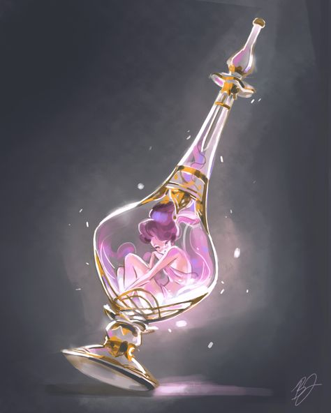 ArtStation - Day 10- Genie in a Bottle , Bea Jackson Dnd Genie Vessel, Magic Equipment Art, Fantasy Objects Magic, Cute Glass Bottles, Genie Artwork, Genie Drawing, In A Bottle Drawing, Fairy In A Bottle, Potion Art