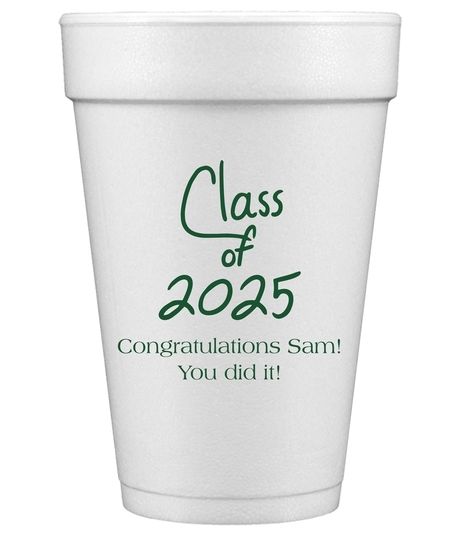 Personalized white styrofoam cups are party perfect for hot or cold drinks. Free online preview. Free 2nd side imprint. Choice of 8 oz., 10 oz., 12 oz., 16 oz., 20 oz., or 24 oz. cup sizes, 30+ imprint colors, and typestyles. Optional lids available.  Made and printed in the USA.