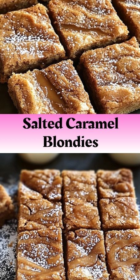 "Irresistible Salted Caramel Blondies Recipe - Yummy Desserts for Fall Baking" Description: Indulge in the rich and buttery flavors of these Salted Caramel Blondies. These gooey treats combine the sweetness of caramel with a hint of sea salt, creating a delightful contrast that will have you coming back for more. #SaltedCaramelBlondies #BakingLove #DessertGoals #CaramelLovers #FallBaking #BlondieRecipe #SweetsandTreats #YummyDesserts Salted Caramel Blondies Recipe, Chewy Blondies Recipe, Salted Caramel Cookie Bars, Caramel Blondies, Caramel Blondie, Salted Caramel Bars, Caramel Cookies Bars, Salted Caramel Cookies, Caramel Slice