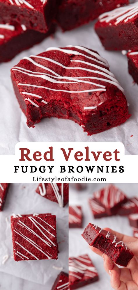 These fudgy red velvet brownies are an easy chocolatey treat that will be perfect when that sweet tooth hits! Red Velvet Brownies Recipe, Velvet Fudge, Red Velvet Fudge, Velvet Brownies, Red Velvet Brownies, Recipes Baking, Brownies Recipe, Easy Baking Recipes Desserts, Tasty Baking