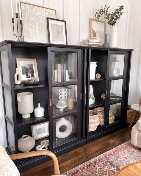 Santales Curio Cabinet Black/White, Neutral Home Decor and Shelf Styling #homedecor #neutral #shelf #style Shelves Divider, Glass Cabinet Decor, Black Glass Cabinet, Living Room Display Cabinet, Black Display Cabinet, Display Cabinet Decor, Kathleen Post, Curio Cabinet Decor, Library Office