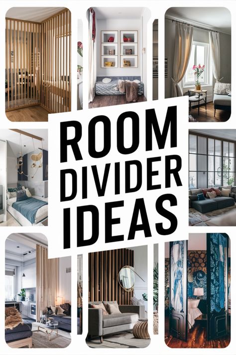 Room divider ideas displayed in a grid layout featuring various stylish and functional designs for different spaces. Decorating With Room Dividers, Room Seperation Designs, Office With Room Divider, Ideas To Divide A Room Spaces, Diy Screen Divider Ideas, Divide Big Living Room, Studio With Room Divider, Room Divider Storage Cabinets, Room Divider Home Office