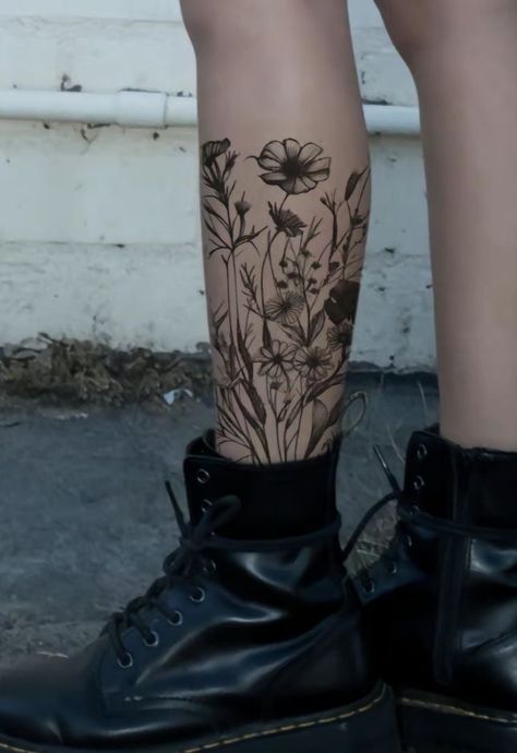 Botanical Leg Wrap Tattoo, Leg Fern Tattoo, Hip To Knee Tattoos Women, Flora And Fauna Tattoo Sleeve, Leg Tattoos Floral, Floral Tattoo Leg Sleeve, Floral Tattoo Design Leg, Ankle Calf Tattoos For Women, Floral Leg Wrap Tattoo