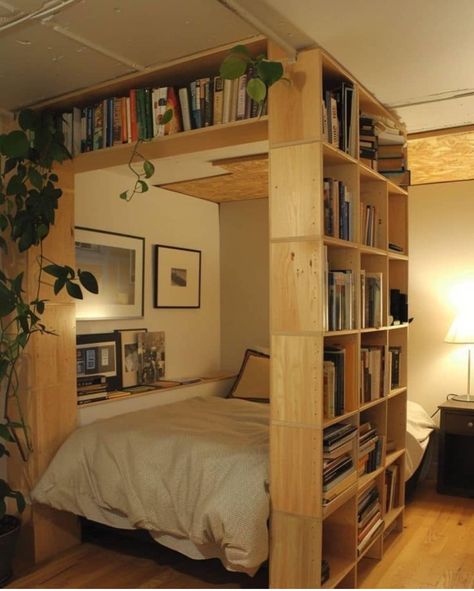 Architecture Room Ideas, Wood Crate Room Divider, Functional Interior Design Space Saving, Aesthetic Room Divider, Book Rooms Ideas, Creative House Ideas, Small Room Storage Ideas, Room Divider Storage, Kallax Room Divider