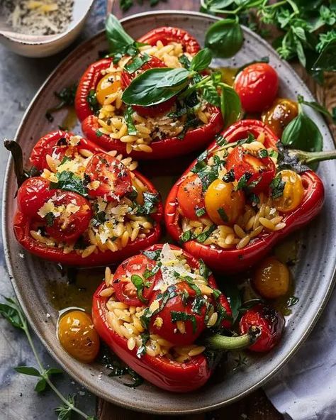 You searched for Orzo - Miarecipes Bell Peppers Stuffed, Bell Pepper Recipes, Red Bell Peppers, Bell Peppers, Orzo, Beautiful Food, Food Design, Stuffed Bell Peppers, Basil