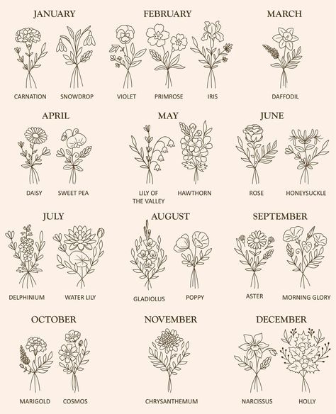 Birth Month Flower Bouquet Set/birth Month Flowers - Etsy Netherlands September Month Flower, May Birth Flower Bouquet Tattoo, Flowers For Birth Month, Birth Plants, September Tattoo Ideas Birth Month, Birth Month Flower Tattoos Bouquet, Birth Flower Line Art, Floral Illustrations Botanical, Birth Month Symbols