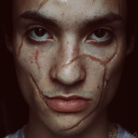 Scarred Face Character, Rigid Collodion Scar, Rigid Collodion Makeup, Facial Scarring Oc, Collodion Makeup, Cool Body Mods, Collodion Scar, Character With Scar On Face, Scowl Face Reference