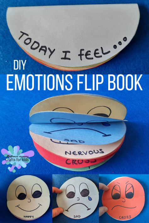 A sweet little craft to help children learn about and begin to understand the different emotions that we feel over time.  #craftsforkids #emotions #preschool #feelings #faces #emotes #book #craft #flipbook Emotions Project Preschool, Nursery Emotions Activities, Feeling Games For Preschoolers, Pre K Emotions Craft, Feelings Dramatic Play, Diy Emotions Flip Book, Prek Feelings Crafts, Emotions Books Preschool, A Bunch Of Feelings Craft