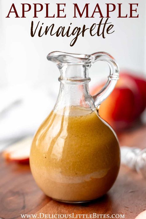 Tangy and sweet, this Apple Maple Vinaigrette is the perfect dressing for any fall salad. You only need 4 ingredients and a few minutes to make a batch of your own. Apple Dressing For Salad, Maple Vinegar Dressing, Best Fall Salad Dressing, Maple Vinegrette, Creamy Apple Vinaigrette, Apple Cider Maple Vinaigrette, Fall Salad With Maple Dressing, Maple Apple Cider Vinaigrette, Apple Walnut Salad With Maple Dressing