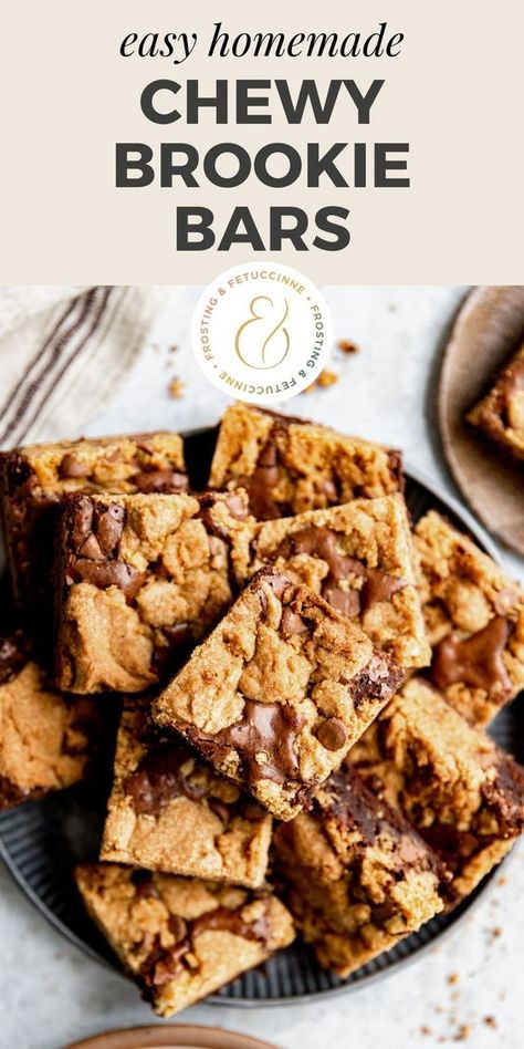 This brookie bar recipe is made with an easy chocolate chip cookie dough thats dolloped on top of a one bowl batter brownie recipe. The result is a thick, chewy, and fudgy brownie cookie that has crispy edges and a chewy center. This 9x13 dessert is easy for beginning bakers or anyone who can't decide between having chocolate chip cookies or brownies for dessert! Chocolate Chip Brownie Bars, Easy Chocolate Chip Cookie Dough, Easy Chocolate Chip Cookie, Brookies Recipe, Bars Dessert, Chocolate Chip Brownies, Fudgy Brownie, Easy Chocolate Chip Cookies, Cookie Brownie Bars