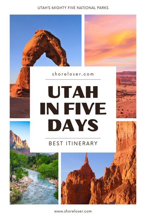 Here is the best itinerary for a national park road trip in Southern Utah for five days coming from Las Vegas. See how you can hit all 5 national parks in Utah (nicknamed the mighty five) in just 5 days with this jam packed travel guide.  This is the ultimate trip to discover the southwest and explore parks like Arches, the Canyonlands, Bryce Canyon, Capitol Reef and Zion. Find out the best hikes to take, what you need to bring, what hotels to stay at, and what restaurants to visit. Utah National Parks Road Trip Itinerary 5 Days, Utah National Parks Road Trip Map, Mighty Five National Parks, Arizona National Parks Road Trip, Best National Parks For Kids, Utah Travel Itinerary, Utah National Parks Road Trip Itinerary, Vegas To Zion Road Trip, Utah Road Trip Itinerary