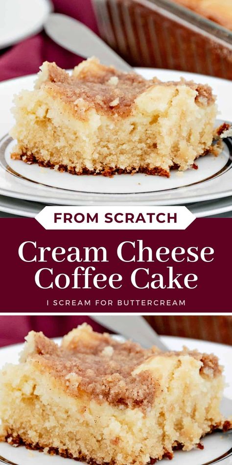 This cream cheese crumb cake is the perfect coffee cake with a buttery cake on the bottom, a cream cheese layer and crumb streusel topping. Cream Cheese Crumb Cake, Deserts With Cream Cheese, Cream Cheese Recipes Dessert, Homemade Coffee Cake, Cream Cheese Breakfast, Cheese Coffee Cake, Crumb Coffee Cakes, Breakfast Coffee Cake, Cream Cheese Coffee Cake