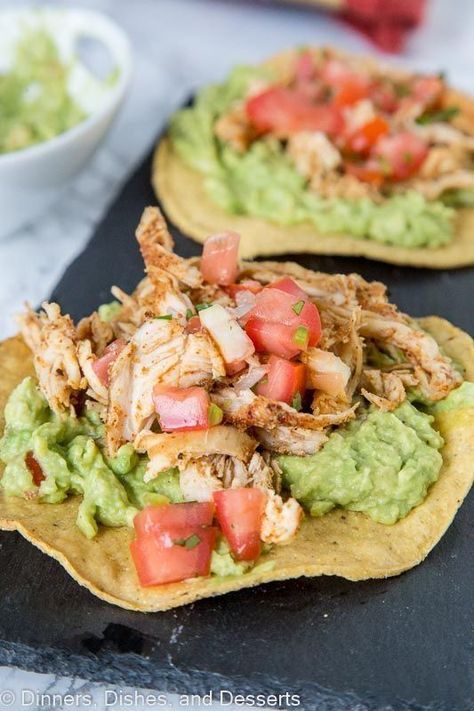 Easy Mexican Dinner, Chicken And Salsa, Guacamole Chicken, Crispy Corn, Chicken Tostadas, Corn Tortilla, Mexican Dinner, Steak Fajitas, Makanan Diet