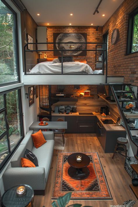 16 Unique Modern Tiny House Ideas to Inspire 31 Glamping Tiny House, Small Lofts Ideas, Cement Tiny House, Space Saving House Design, Creative Home Design Ideas, Cool House Ideas Creative Interior Design, Tiny House Inspiration Loft, Tiny Houses Plans, Tiny House Loft Ideas Layout