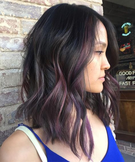 Purple Balayage For Black Lob Black Balayage, Partial Balayage, Hairstyles Balayage, Purple Balayage, Balayage Hairstyles, Dark Purple Hair, Blonde Balayage Highlights, Black Hair Balayage, Transitioning Hairstyles