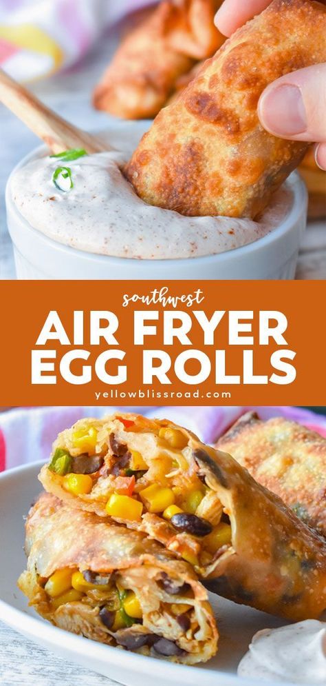 Air Fryer Egg Rolls have a flavorful southwest filling rolled up in a crunchy wrapper. Dunk them in a zesty dip and you’re in for a delicious appetizer. Easy Eggrolls Air Fryer, American Egg Rolls, Southwest Chicken Egg Rolls Air Fryer, Rice Paper Egg Rolls Air Fryer, Air Fryer Chicken Egg Rolls Recipe, Southwest Egg Rolls Recipe, Easy Egg Roll Recipes Air Fryer, Air Fryer Southwest Eggrolls, Southwest Eggrolls Air Fryer