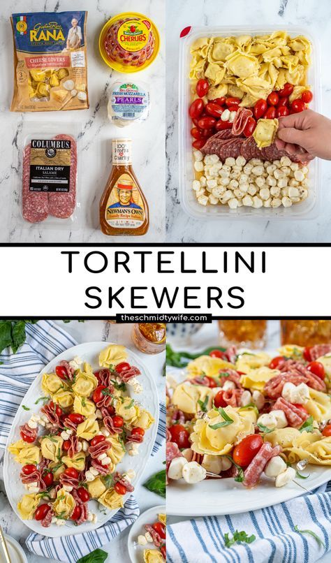 Easy Tortellini Appetizers, Tortellini Skewers Italian Dressing, Tortellini On A Stick, Tortellini Pasta Skewers, Tortellini Recipes Appetizers, Tortalini Appetizers, Party Food Cold Make Ahead, Easy Tailgate Snacks Finger Foods Cold, Marinated Tortellini Skewers