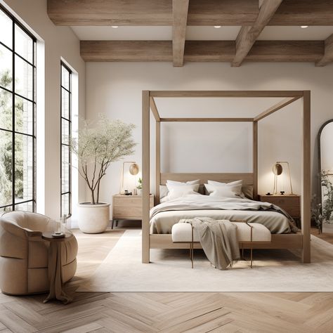 "Embrace the Elegance: Modern meets traditional in this luxurious European-inspired bedroom. With soothing neutral tones, plaster walls, and the warmth of oak wood, the canopy bed stands as the epitome of cozy sophistication. Step into a world of comfort and clean design – where every detail invites you to unwind and relax. #LuxuryLiving #EuropeanInspired #ModernTradition" Modern Traditional Bedroom, Modern Organic Bedroom, Organic Modern Bedroom, Mediterranean Bedroom, Organic Bedroom, Natural Bedroom, Canopy Bedroom, Four Poster, Poster Bed