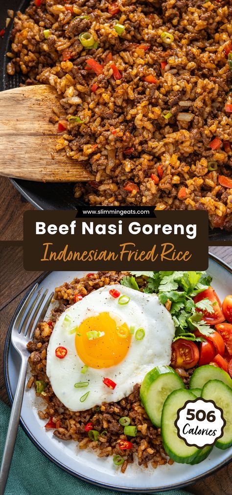 Discover the rich and savoury world of Indonesian cuisine with this tantalizing Nasi Goreng, a flavorful fried rice delight featuring beef mince, enhanced by a sweet and umami-packed soy sauce with a hint of spice. Beef Nasi Goreng Recipe, Meat Over Rice Recipes, Thai Minced Beef, Rice Dishes From Around The World, Asian Rice Dishes Easy Recipes, Minced Beef Asian Recipe, Rice And Minced Beef, Low Calorie Minced Beef Recipes, Minced Beef Fried Rice