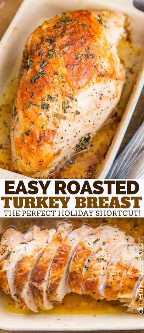 Roast Turkey Breast made with butter, herbs, salt, and pepper has tender juicy meat and CRISPY skin, and roasts in only 90 minutes! #DinnerThenDessert #Turkey #Thanksgiving #Dinner #ThanksgivingDinner #ThanksgivingRecipes #christmas Dessert Turkey, Easy Roasted Turkey, Thanksgiving Dinner For Two, Dessert Thanksgiving, Thanksgiving Food Sides, Turkey Breast Recipe, Thanksgiving Dinner Recipes, Thanksgiving Cooking, Roast Turkey Breast