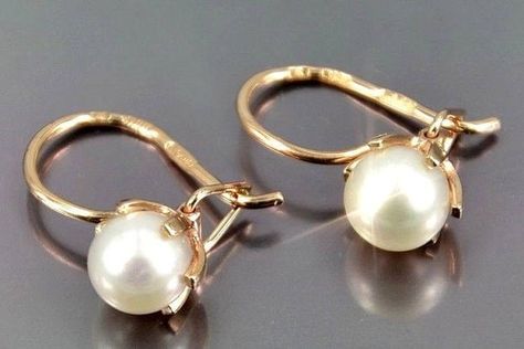 Pearl Gold Earrings 14 KT 583 Rose Gold Earrings with Natural Pearl Russian Gold Jewelry Soviet Gold Pearl Earrings Designs, Russian Jewelry, Feminine Earrings, Unisex Earrings, Faux Pearl Earrings, Gold Fashion Necklace, Gold Pearl Earrings, Gold Earrings Designs, Pretty Earrings