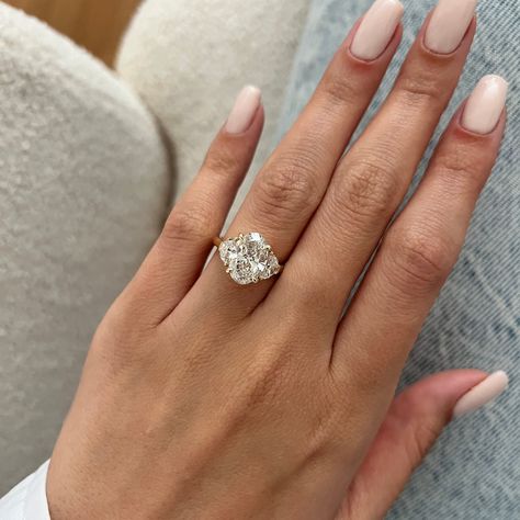 Oval Trilogy Engagement Ring With Wedding Band, Big Oval Diamond Ring, Half Moon Diamond Ring, Oval With Half Moon Side Stones, Oval Diamond With Side Stones, Three Stone Ring With Wedding Band, 3 Stone Engagement Rings Oval, Oval Solitaire Engagement Ring With Band, Three Stone Engagement Rings With Band