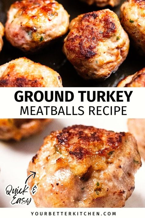 Need delicious and healthy ground turkey recipes? You can't miss these amazingly easy turkey meatballs. Trust me, our recipe is unlike any other. They create the absolute best juicy turkey meatballs you've ever tasted. Great for dinner or appetizers. Enjoy with rice, pasta, and sauce, or as a standalone appetizer. Plus, they're high in protein! Find this healthy meal idea today at yourbetterkitchen.com and explore more healthy dinner recipes. Juicy Ground Turkey, Turkey Meatballs Meal Ideas, Ground Turkey And Pineapple Recipes, Spinach Ground Turkey Recipes, Low Cal Turkey Meatballs, 21 Day Fix Ground Turkey Recipes, Turkey Beef Recipes, Ground Turkey Patties, Ground Turkey Meatball Recipes